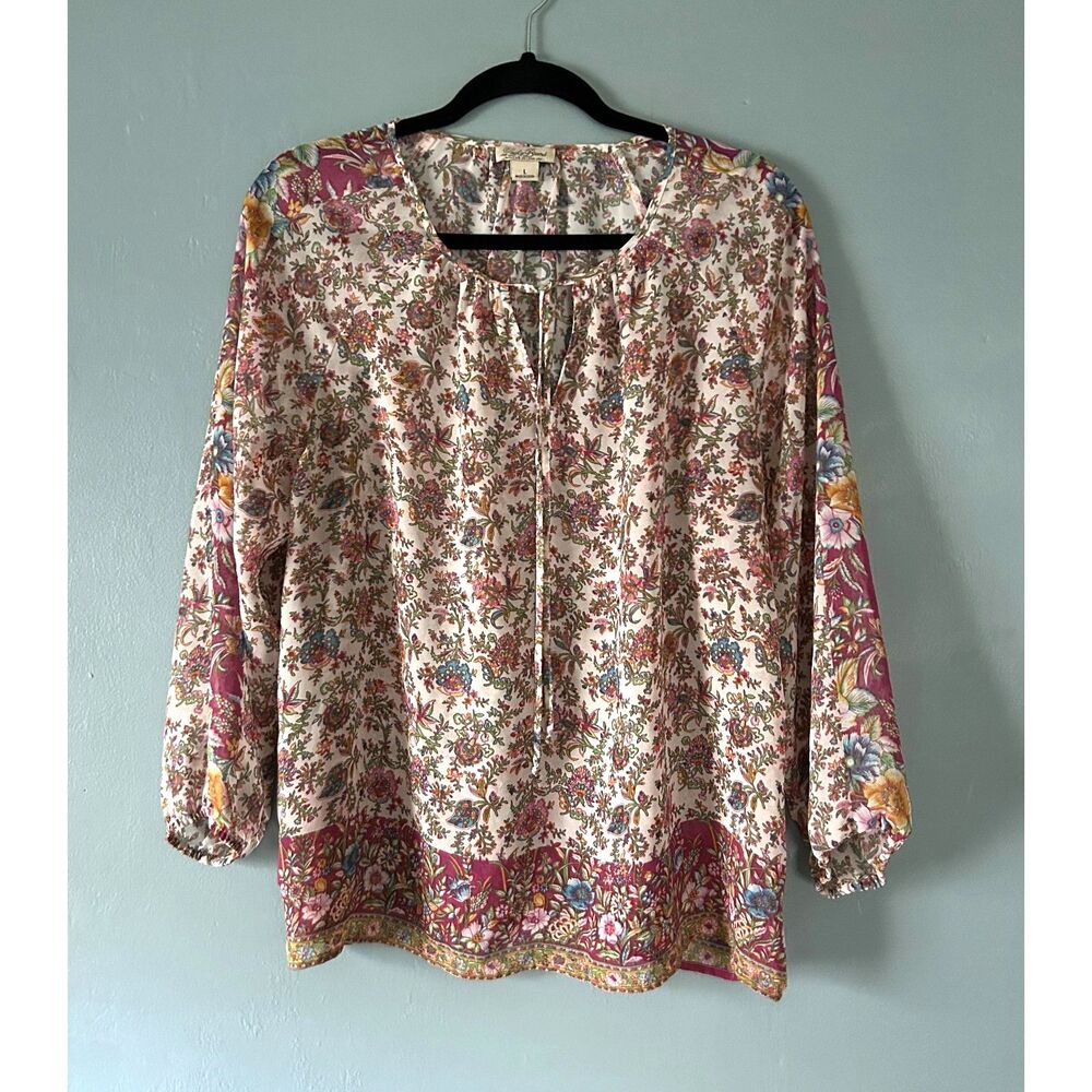 Lucky Brand sheer long sleeve floral print Boho top tie neck size large